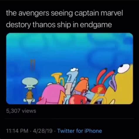 The avengers seeing captain marvel destory thanos ship in endgame I1 ...