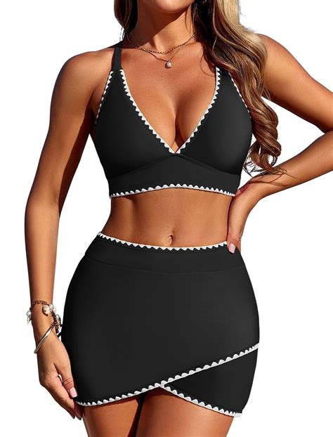 Zaful Women S High Waisted Bikini With Skirt Whip Stitch Piece Swimsuits Tummy Control Bathing