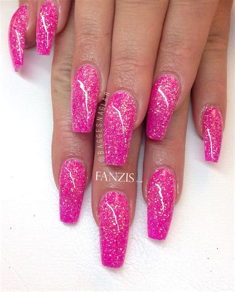 Neon Pink Glitter Nails Pink Glitter Nails Pink Acrylic Nails Nail Designs Glitter