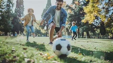 Una familia feliz jugando al fútbol en un parque Foto Premium