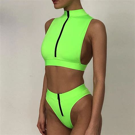 Sexy Neon Groene Bikini Set Hoge Taille Badpak Vrouwelijke Rits Badmode