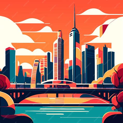 Premium Vector City Skyline With Buildings And Bridge Above Lake Or