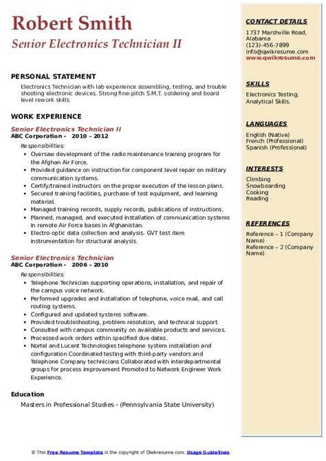 Senior Electronics Technician Resume Samples Qwikresume