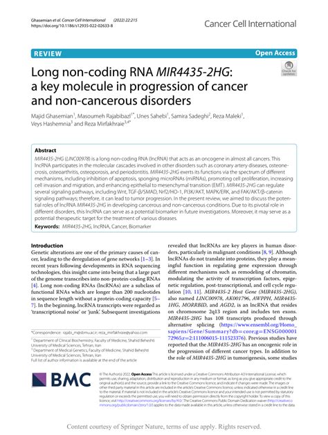 Pdf Long Non Coding Rna Mir Hg A Key Molecule In Progression Of