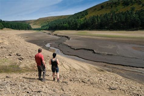 Aerial view of Howden Reservoir lays bare the stark landscape of ...