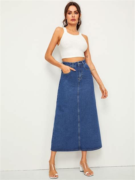 Pocket Longline Straight Denim Skirt Shein Usa Long Jean Skirt A