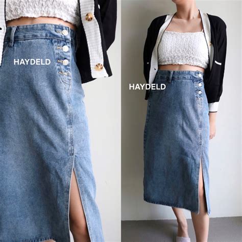 Jual HAYDELD Ghea Denim Skirt Midi Slit Skirt Rok Midi Dengan