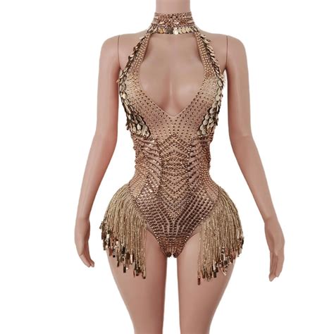 Roupa De Discoteca Sexy Decote Em V Profundo Lantejoulas Bodysuit Para