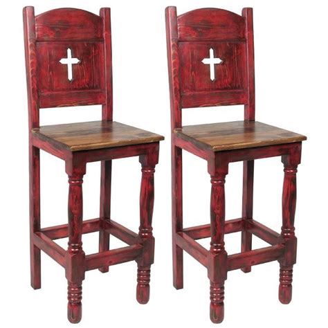 Red Mexican Painted Wood Bar Stool With Cross Bar Stools Wood Bar