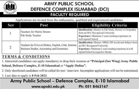 Army Public School Defence Complex Islamabad Jobs 2023 Jobzsearcher