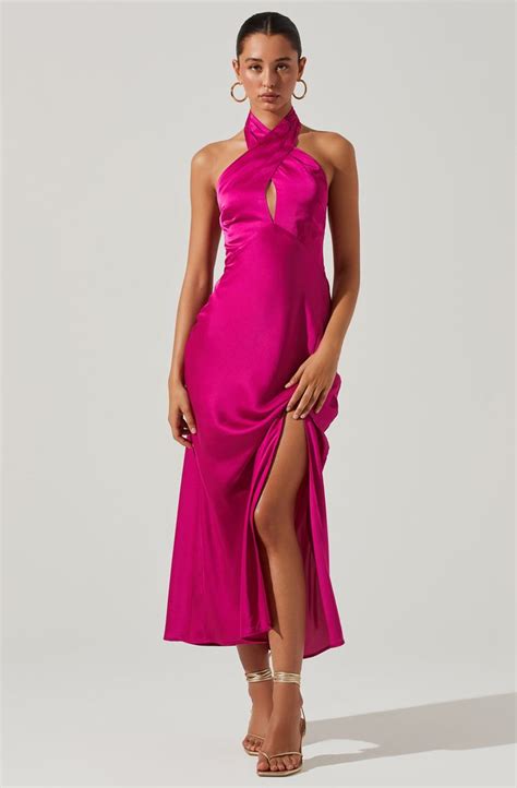 Marissa Satin Halter Neck Midi Dress Fuchsia S Satin Halter Dress