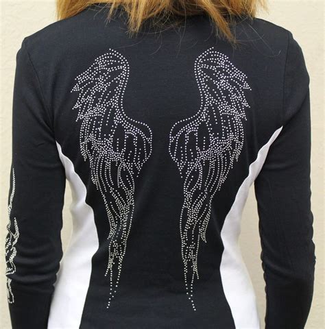 Women L Sleeve Angel Wings Biker Babe Rhinestone Shirt Angel Wings