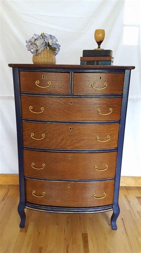 Refinished Tiger Oak Dresser Navy With Gold Accents English Chestnut