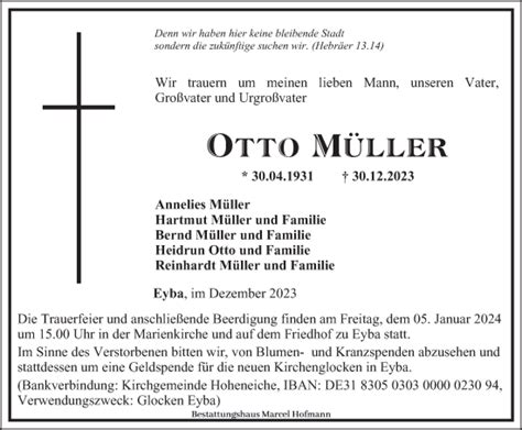 Traueranzeigen von Otto Müller trauer in thueringen de