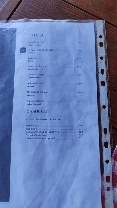 Menu em Chão do Prado restaurante Bucelas Almirante Gago Coutinho