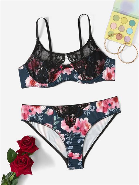 Ensemble de lingerie à imprimé floral en dentelle à armature