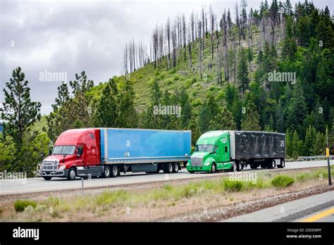 Team Of Two Big Rigs Industrial Professional Semi Trucks Tractors