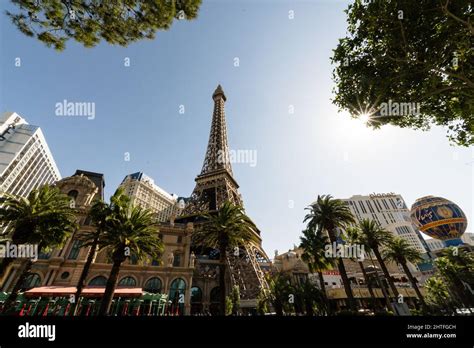 Low Angle Of The Eiffel Tower Replica Under The Blue Sky In Las Vegas