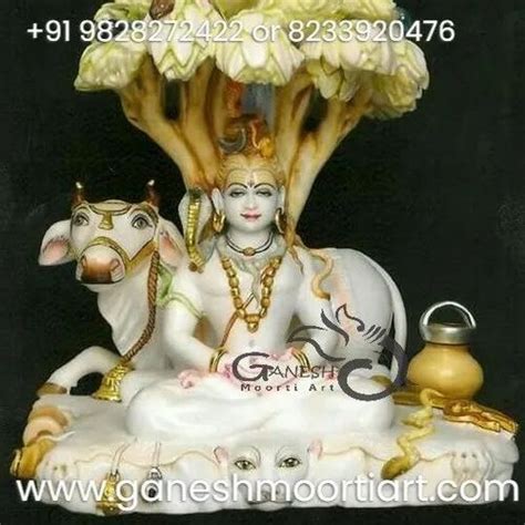 Traditional Hindu White Marble Shiva With Nandi Statue For Worship At