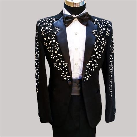 148 0us Luxury Mens Embroidery Crystal Beading Rhinestone Black