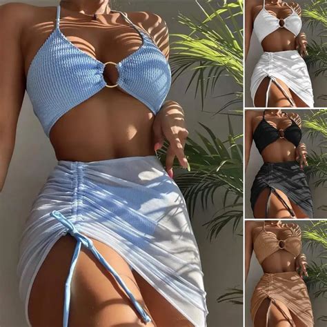 Bikini Unicolor De Cintura Baja Para Mujer Ba Ador Sexy De Tres Piezas Traje De Ba