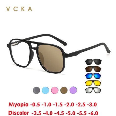 VCKA Discolored Tea Myopia Glasses Big Frame 6 In 1 Men Women Polarized