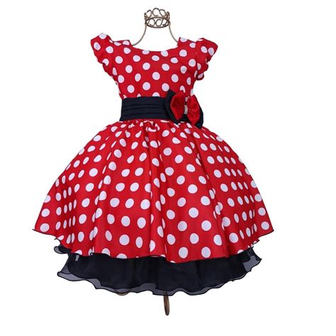 Vestido Infantil Moda Festa Temático Minnie Menina Vermelho de Bolinhas