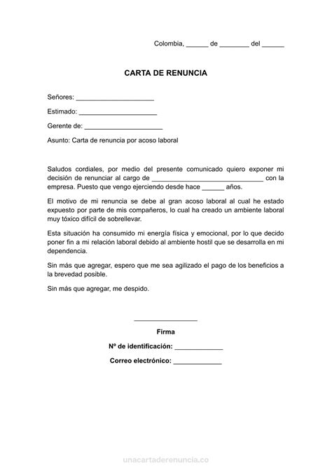 Carta De Renuncia Por Acoso Laboral Ejemplos