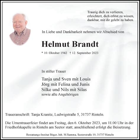 Traueranzeigen Von Helmut Brandt Trauer Anzeigen De