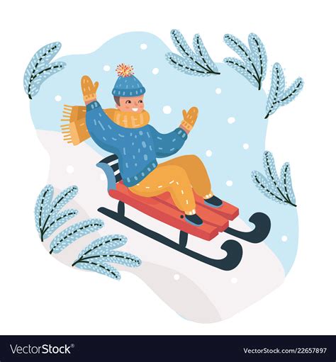 Happy Boy Sledding Down The Hill On The Snow Vector Image