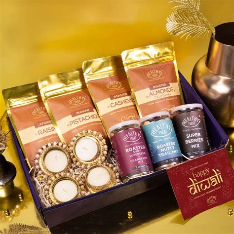 Vegetarian Blue Healthy Treat Shubh Diwali Gift Box Hamper With Diya