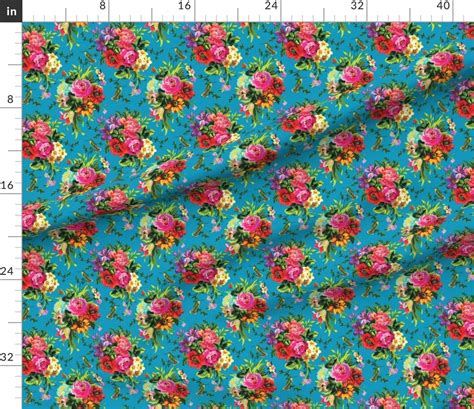 Shabby Chic Summer Floral Fabric Floral Pop With Birds Aqua Etsy