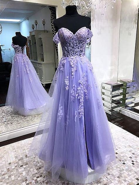 Glam Off Shoulder Lavender Lace Long Prom Dresses Lilac Lace Formal Dresses Party Dress On Luulla