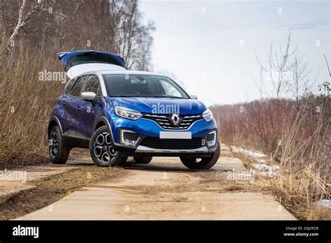 MOSCOW RUSSIA MARCH 12 2021 New Blue Renault Captur Suv Crossover