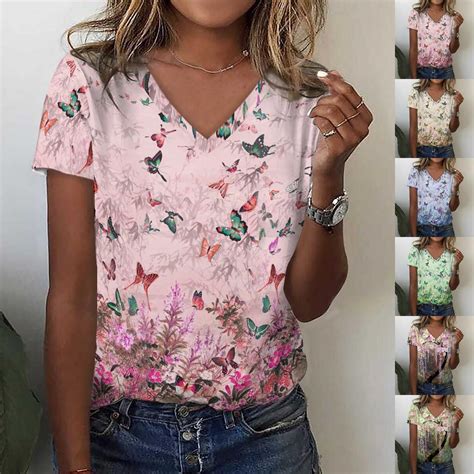 Летняя новая модная женская повседневная футболка с v-образным вырезом ...
