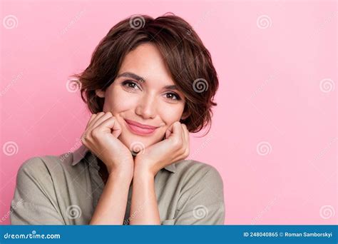 Photo Of Sweet Young Bob Hairdo Lady Hands Face Wear Grey Cloth