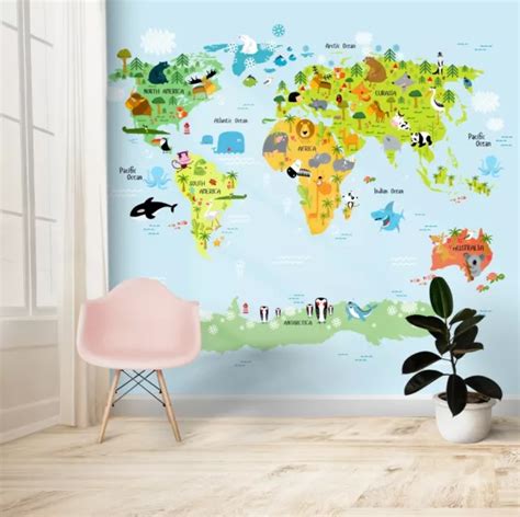 Carte Des Animaux Du Monde Papier Peint Mural Pour Enfants X M