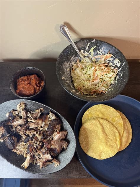 Roasted Pork Shoulder Turned Into Pulled Pork Tacos With Coleslaw Tomato Gravy And Homemade