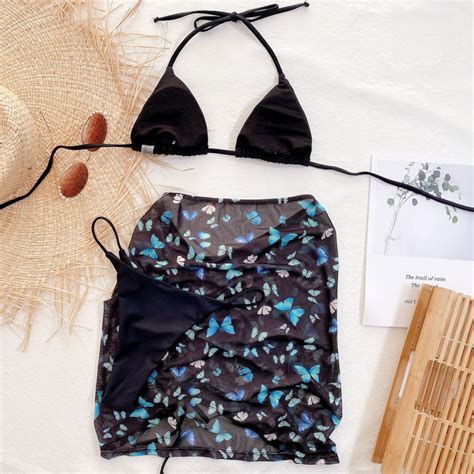 OEM ODM Butterful Woman Sexy Swimwear String Bathing Suit 3 Piece Bikini With Skirt Mesh