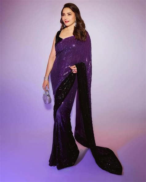 Madhuri Dixit Purple Color Georgette Sequence Embroidery Work Saree