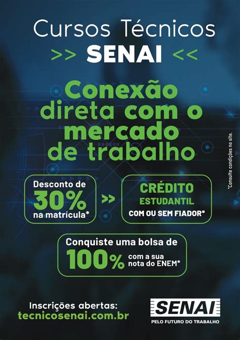 Cursos técnicos Senai abre inscrições 850 bolsas gratuitas para