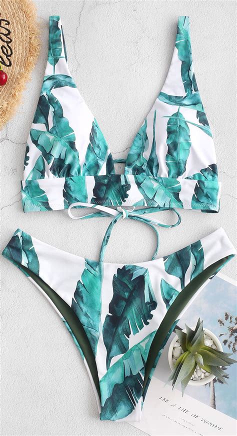 Lace Up Palm Leaf Reversible Bikini Swimsuit Bikinis Swimsuits