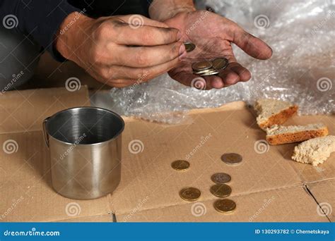 Poor Man Counting Coins Over Cardboard Stock Photo - Image of failure ...