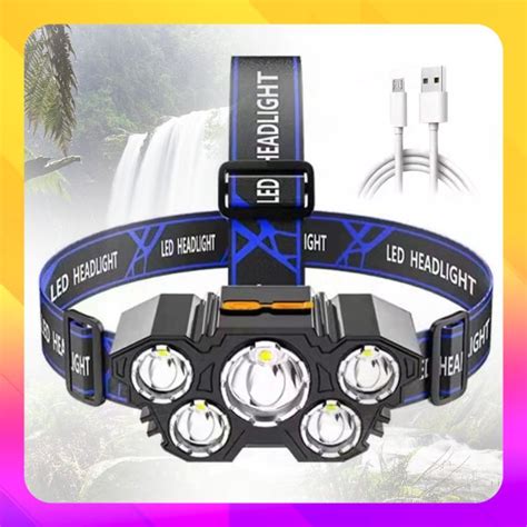 Senter Kepala Mini 5 LED 30W Headlamp USB Chargeable Senter Mini