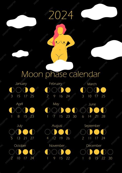 Calendario De Fases Lunares 2024 Con Cuerpo De Mujer Desnuda En Color Brillante Silueta Femenina