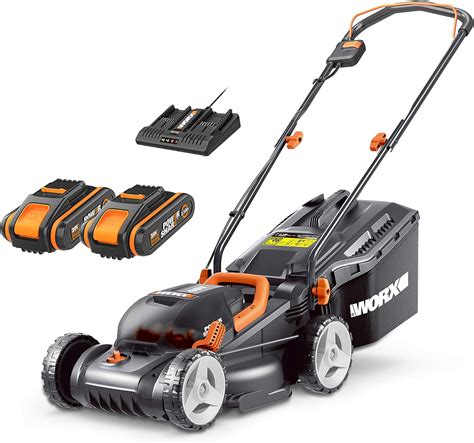 Worx 40v Cordless 34cm Lawn Mower Wg779e With 2 X 25ah Batteries And Dual Port Charger Cutting