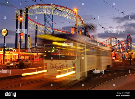 Illuminated tram passing Blackpool during the Blackpool Illuminations ...