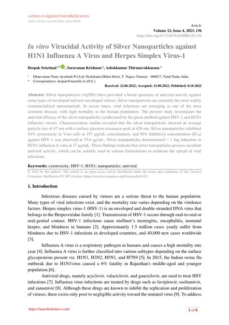 Pdf In Vitro Virucidal Activity Of Silver Nanoparticles Against H1n1 Influenza A Virus And