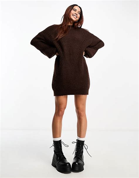 Miss Selfridge Slouchy Chunky Knit Mini Dress In Chocolate Asos