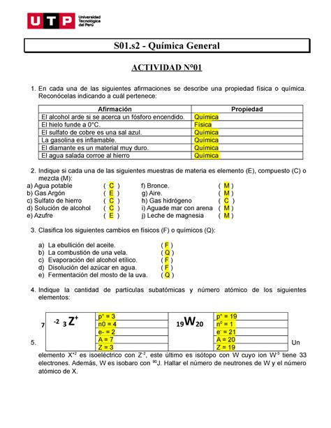 S01s1 Resolver Ejercicios Quimica S01 Química General Actividad N° En Cada Una De Las